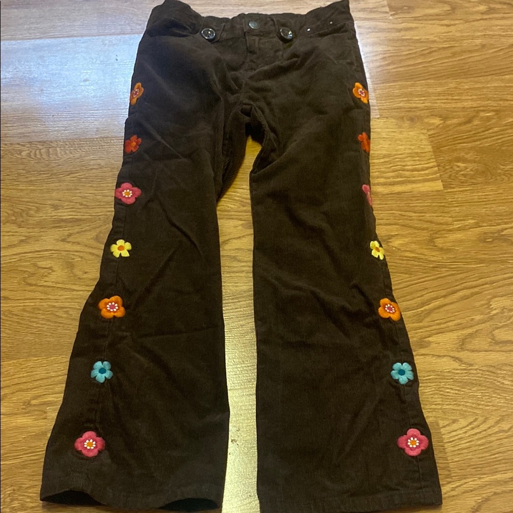Brown Corduroy Pants with Colorful Floral Embroidery